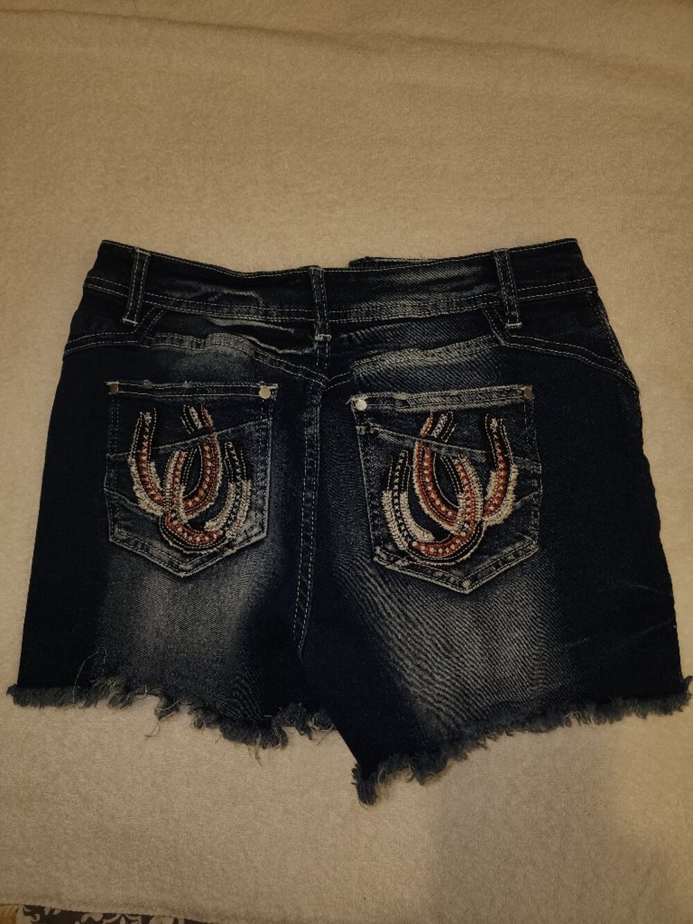 Distressed Denim Shorts Women’s M – 5 Pocket, Horseshoe Embellished Back Pockets